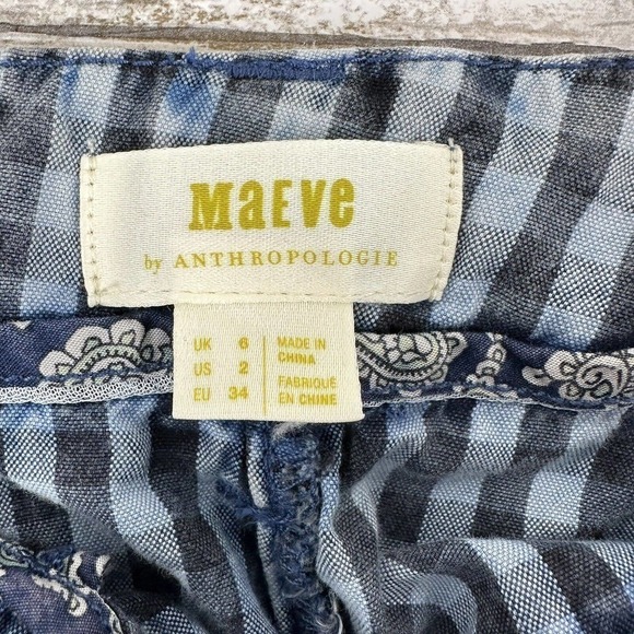 ANTHROPOLOGIE Maeve Avryl Blue Plaid Bleached Slim Paper Bag Pants Size 2 - Picture 9 of 16